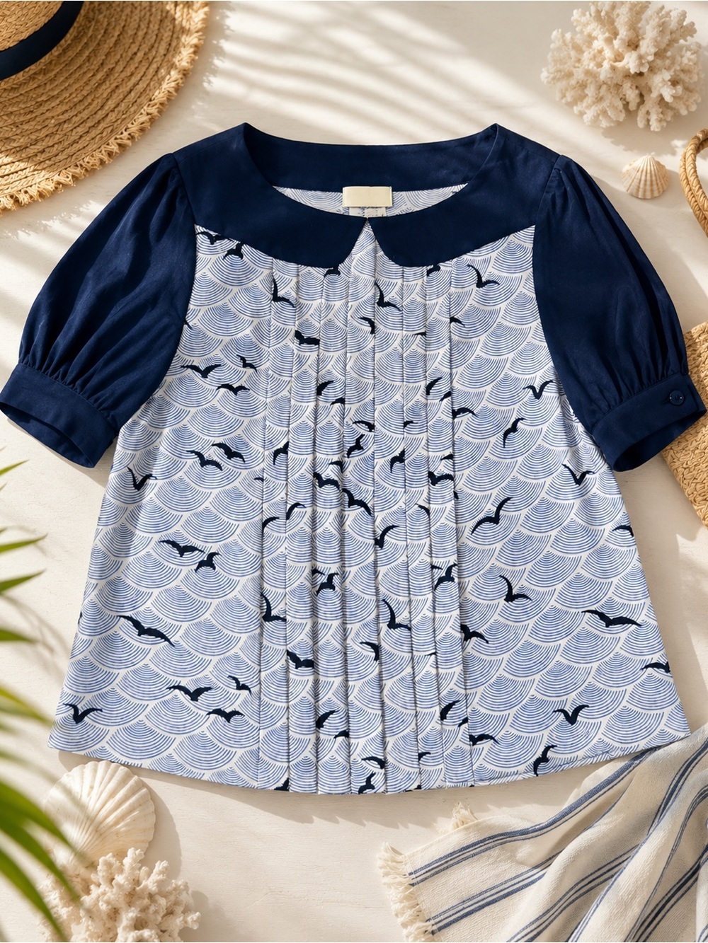 Kate Spade Silk Seagull Wave Print Pleated Blouse Coastal Top 14